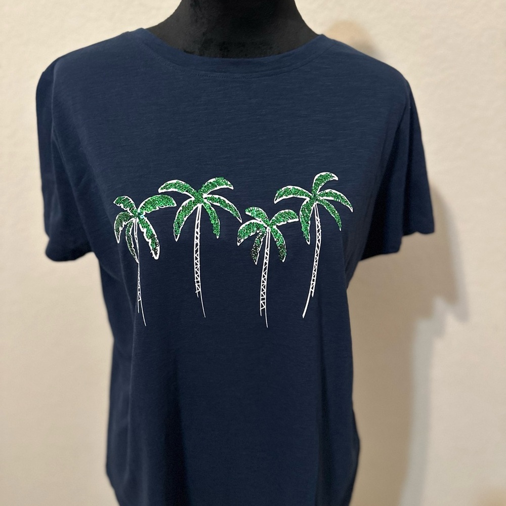 Palm Tree Tshirt, Neon Palm Tree Top,‎ Tropical T-Shirt, color dark blue. Size L